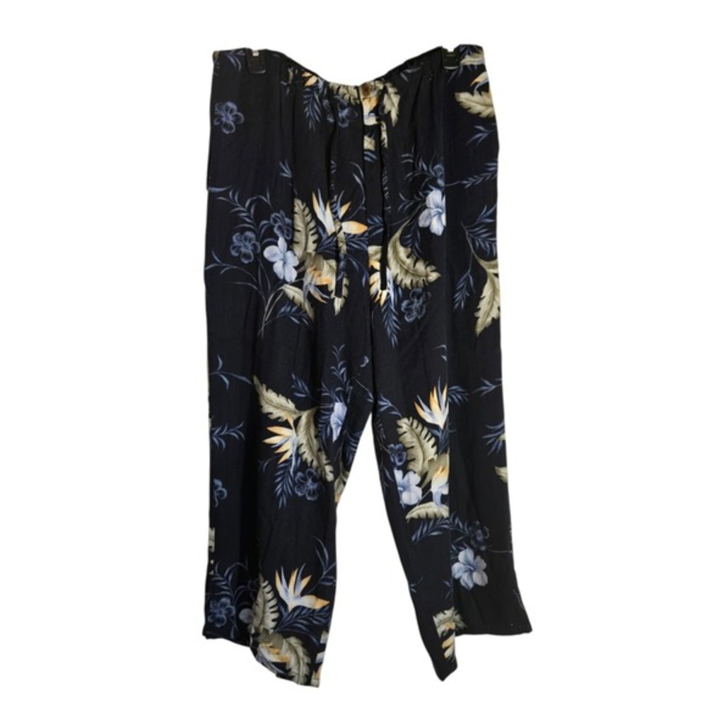 Island Traders Womens‎ Large Tropical Floral Wide Leg Rayon Pants Black Blue L